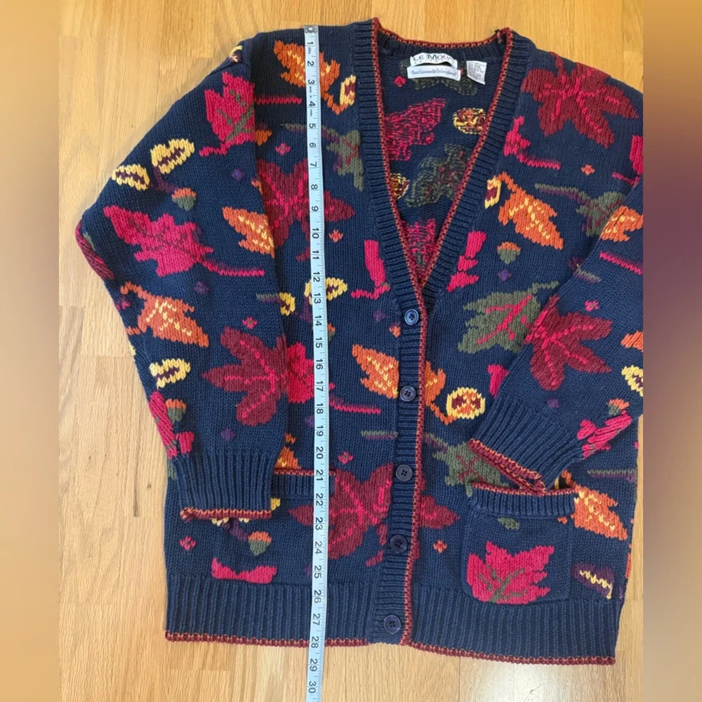 Le Moda Knitwear Hand Loomed Cotton Cardigan Leaves Fall Cottage Core Medium